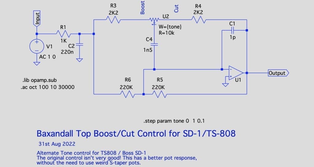 Alternative tone section circuit for OD-1/TS-808/SD-1 style overdrive pedals